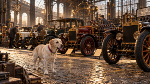 Sunny examining a row of elaborate steampunk vehicles in a Victorian machine hall