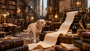 Sunny beside a fantastical Victorian mechanical writing machine producing legal papers