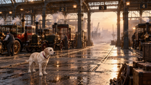 Sunny in a vast steampunk commercial vehicle depot filled with steam-powered vehicles