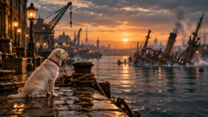 Sunny watching a fantastical Victorian steam dredger sink offshore at twilight